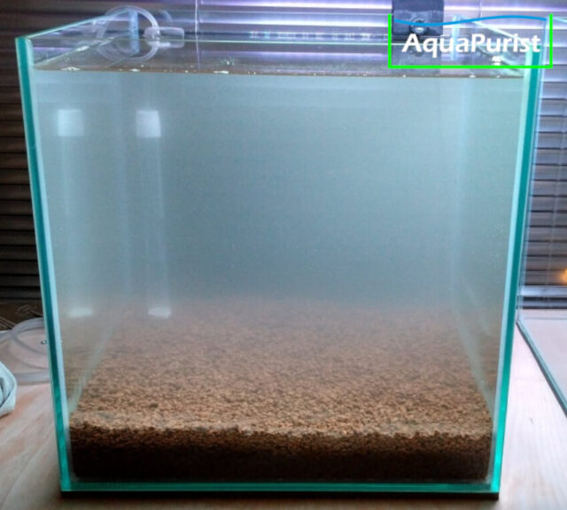 Frisch befülltes Aquarium mit Bodenfilter und trübem Wasser