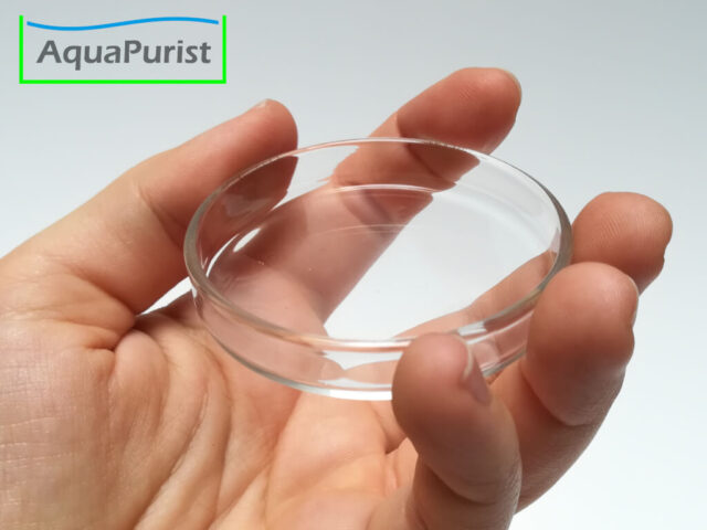 Glas-Futterschale auf einer Hand als Größenvergleich